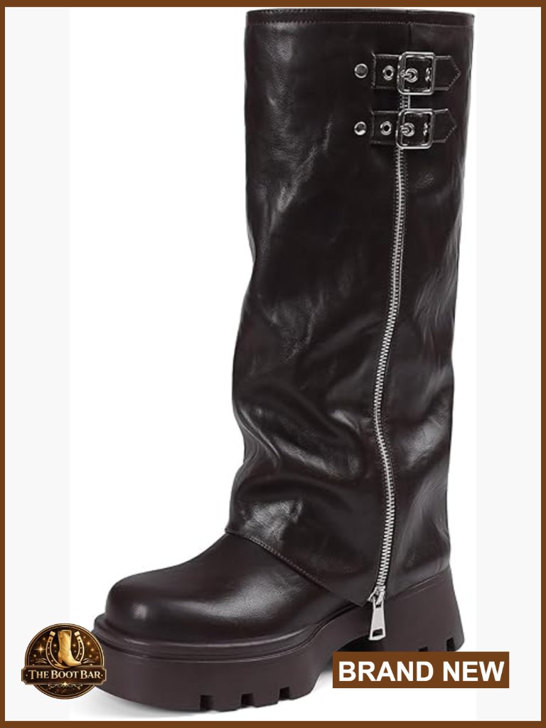Knee High Foldover Wide Calf Platform Combat Boots Women Chunky Heel